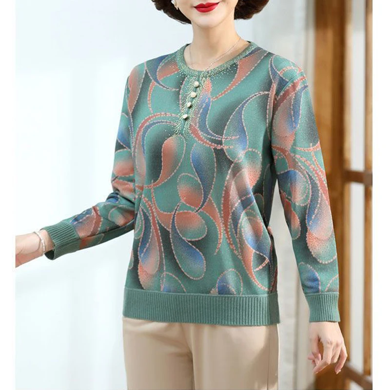 Autumn Winter Middle Aged Elderly Women Diamonds Print Elegant Fashion Knitted Sweaters Casual Long Sleeve Loose Pullovers Tops