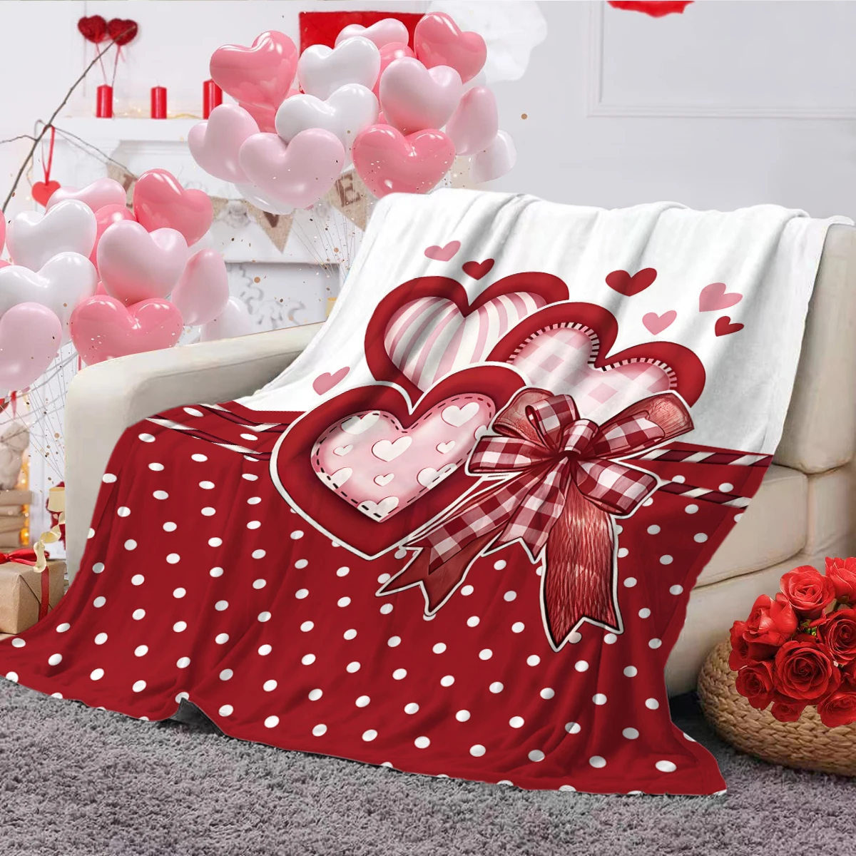 1 Stück Valentinstagsdecke, superweiche und bequeme Nickerchendecke, romantische Flanelldecke mit Schleifen- und Herzdruck, Bettdecke