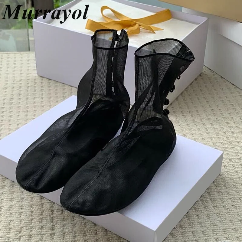 

Round Toe Solid Color Short Boots Women Mesh Breathable Flat Heels Ankle Boots Summer Sexy Rear Button Fashion Cool Boots