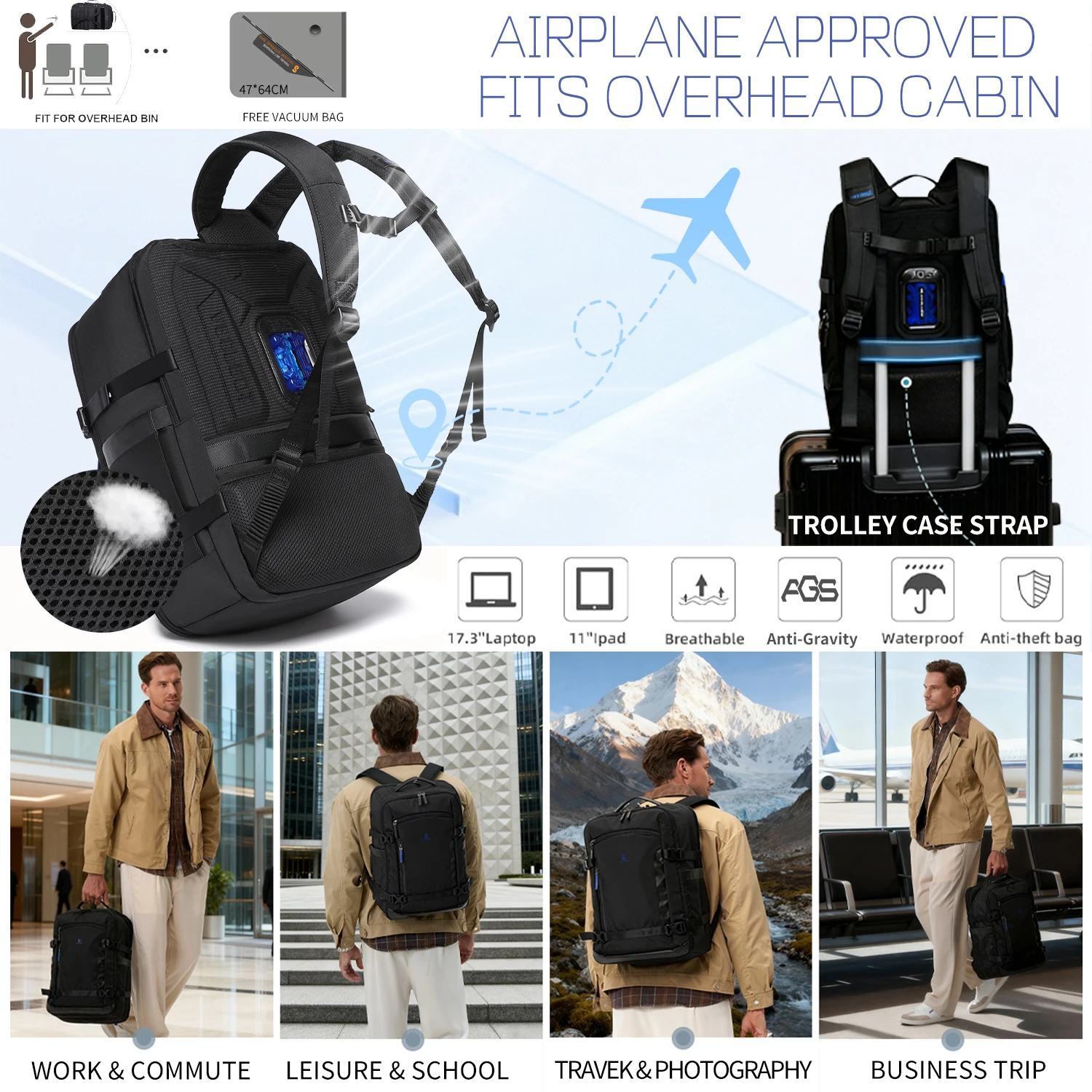 Plecak podróżny 42L o dużej pojemności, wodoodporny plecak na laptopa 17,3 cala z systemem antygrawitacyjnym, torba podręczna na podróże biznesowe.