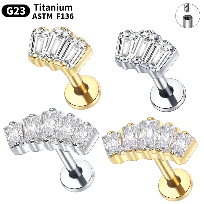 ASTM F136 Titanium Cartilage Earring Piercing 3 CZ Zircon Internally Thread Labret Lip Stud Sexy Tragus Helix Conch Body Jewelry