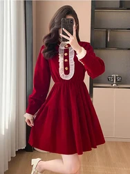 Zoki Elegant Velvet Red Dress Women Sexy Slim Sweet Ruffles Mini Dress Vintage Long Sleeve Casual Female Korean Party Vestidos