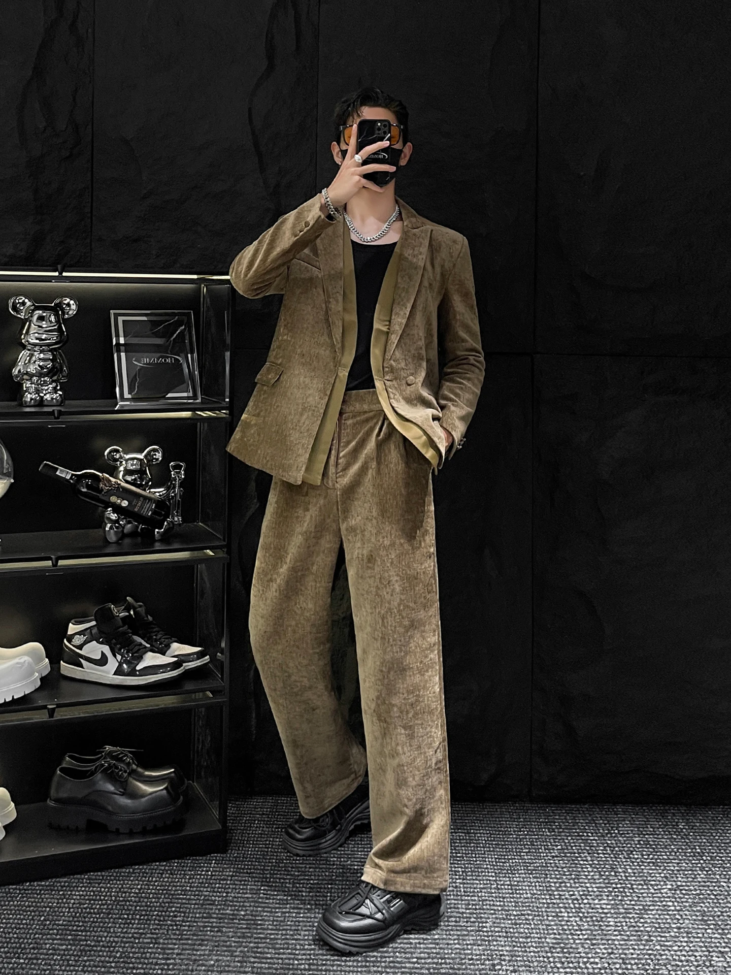 Velvet Corduroy Men's Suiting Two-Piece Set Design Sense Patchwork Mirrorl HOMME Youth Trendy Autumn Casual Faion