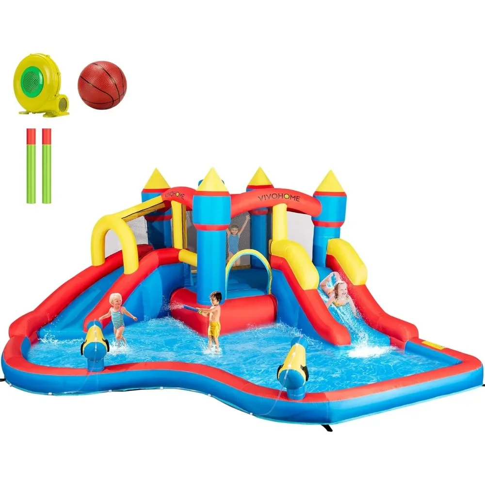 

Inflatable Bounce House with Water Slide for Kids, Inflated Jumping Bouncy Castle with Blower, Includes Sprinkler, Splash Pool