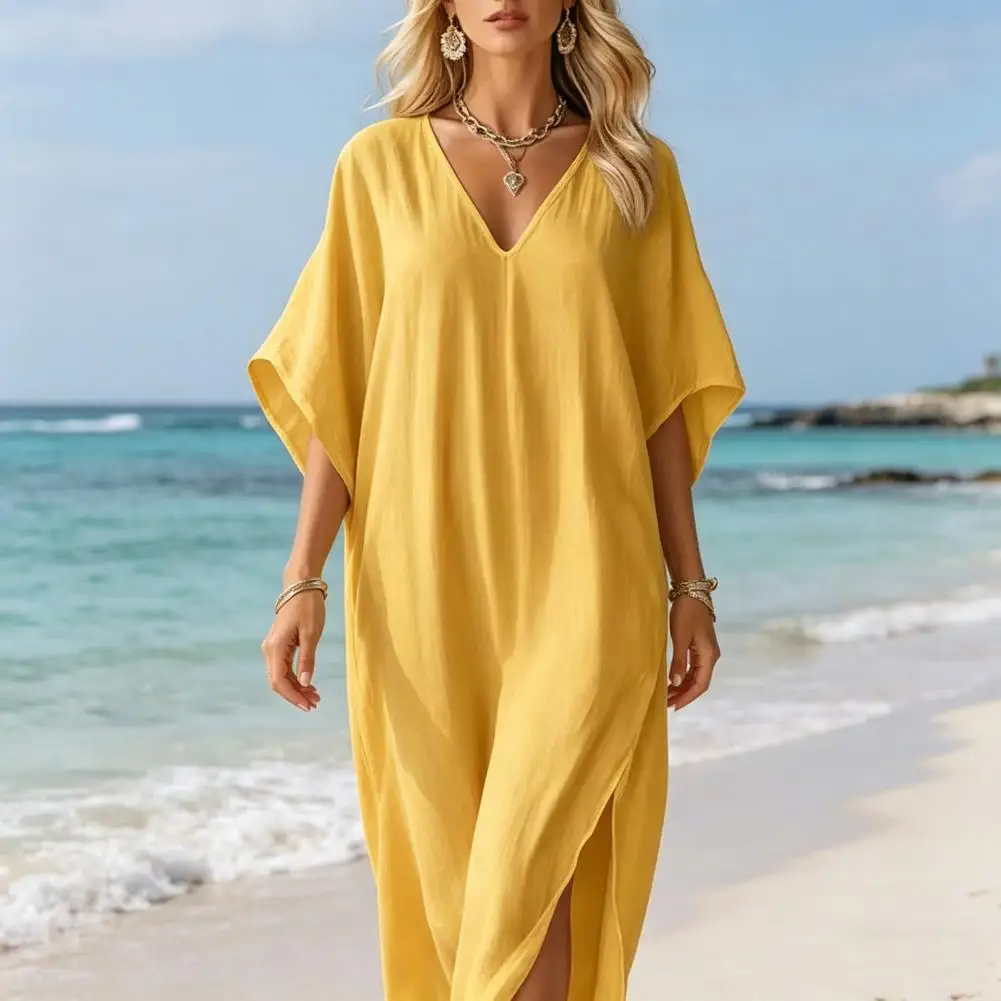 

Elegant Cotton Linen Dress Lady Dress Temperament European And American Style Summer V-neck Loose High Slit Dress Beach Dresses