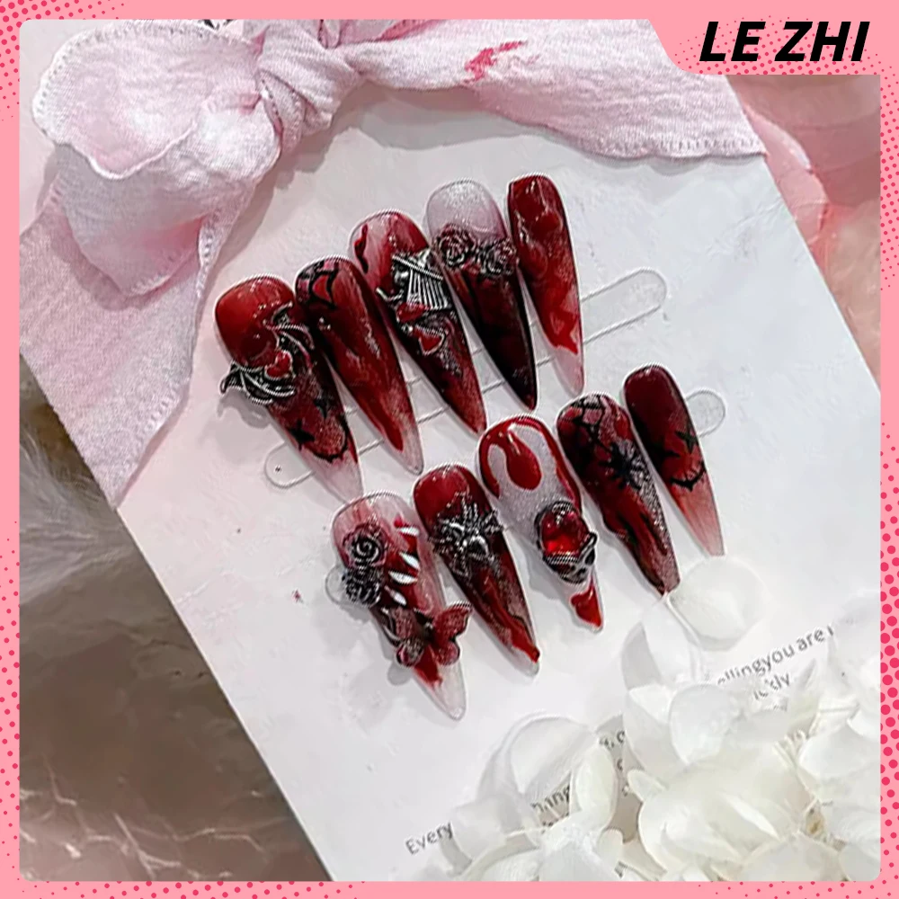 Indywidualność Spice Girl Blood Red Long Almond Wearable Press on Nails 3D Ruby Rose Decoration Fashion Artificial Full Cover Nail