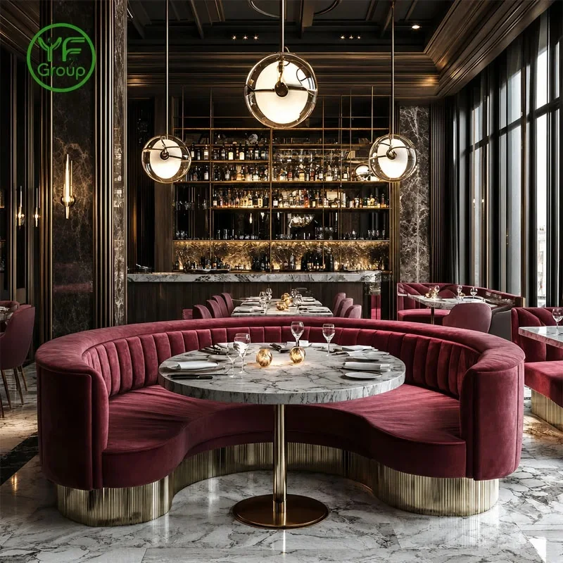 One-Stop Customization Luxury Restaurant Furniture Sintered Stone Table and Chair Set with Velvet Booth Seating for Cafe Hotel