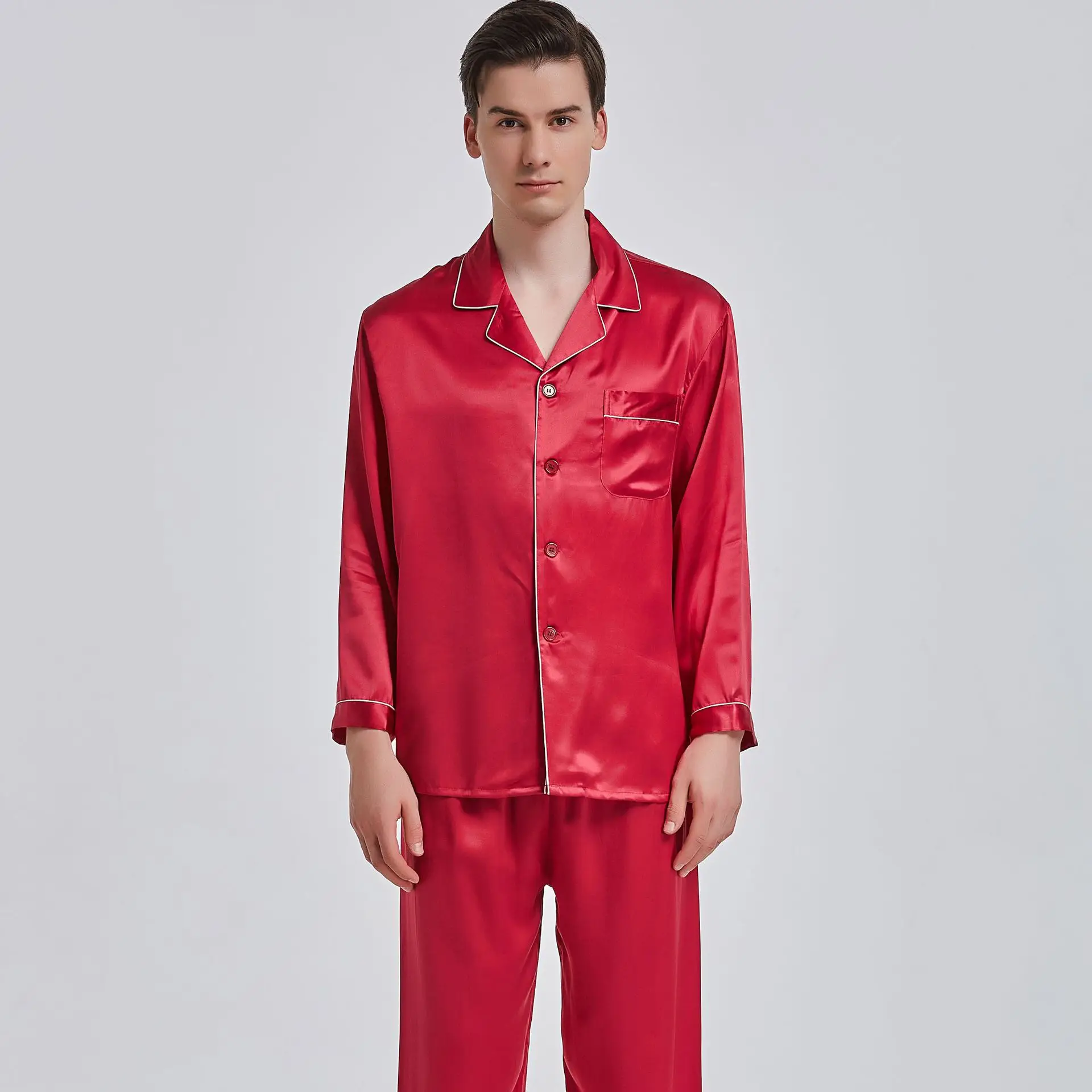 Factory Direct Men's Long Sleeve Silk Pajama Set Comfortable Mulberry Silk Loungewear for Summer Relaxation XXXL Size Luxuary