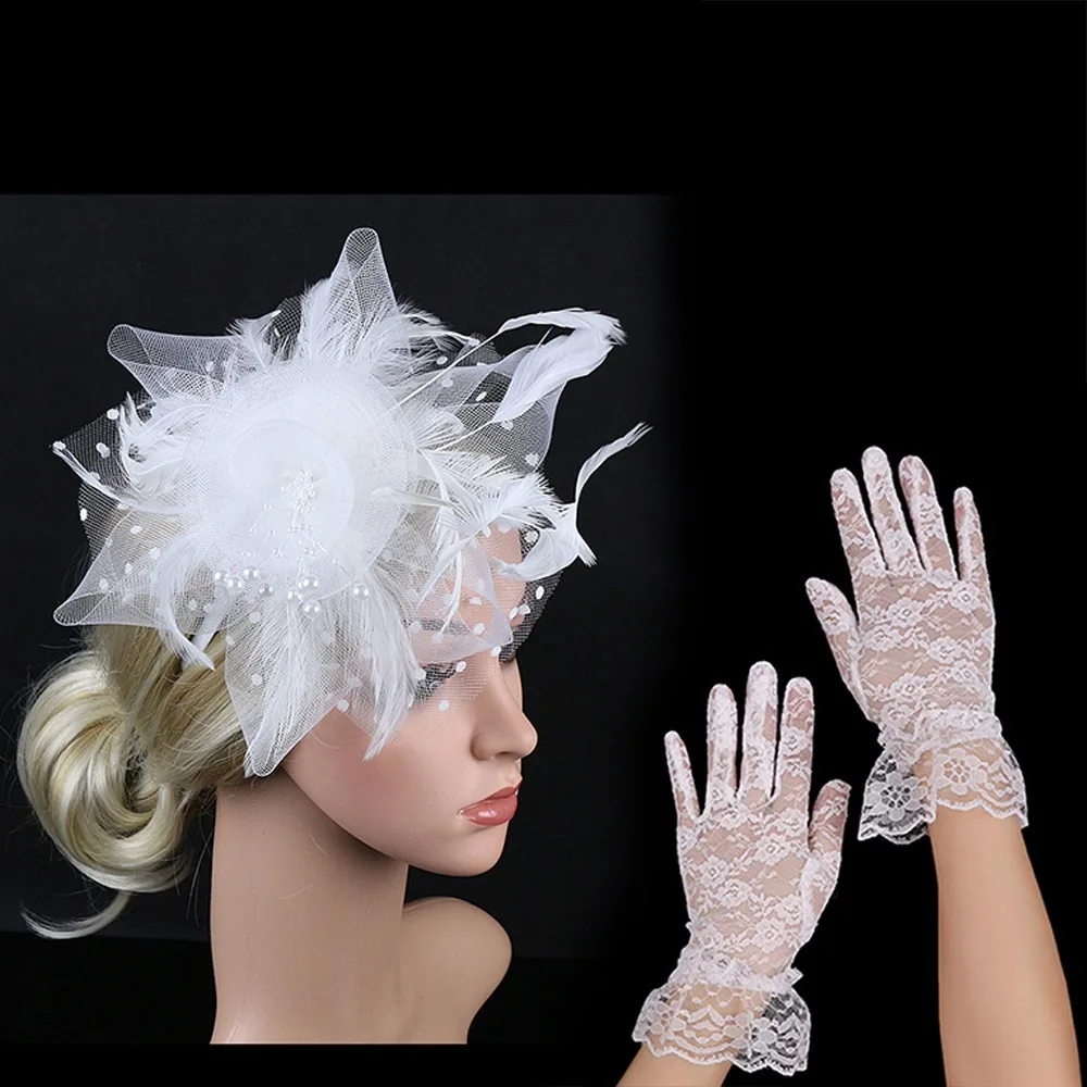 Fashion Mesh Flower Feather Headpiece & Gloves Set Wedding Cocktail Fascinator Hat Stylish Feathers Hair Clip for Women Girls