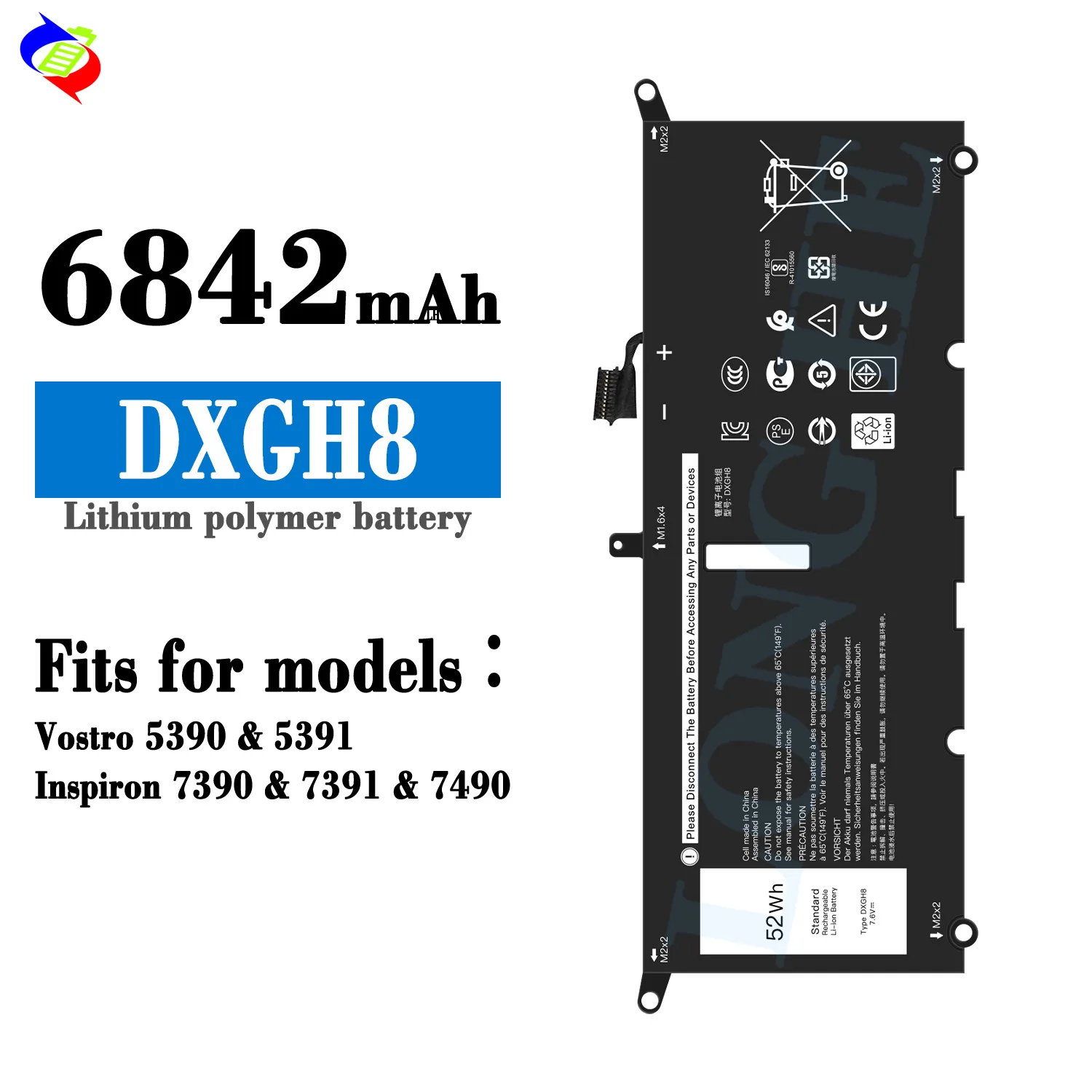 DXGH8 Laptop Battery for Dell XPS 13 9370 9380 2019 Inspiron 13 7390 7391 2-in-1 5390 5391 Latitude 3301 E3301 Vostro 5390 5391