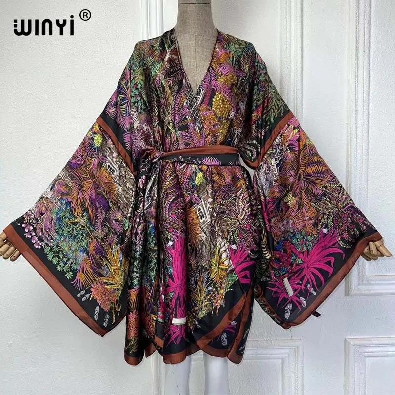 WINYI Kimono Africa summer print dress Summer beach wear women Cardigan Holiday long Sleeve silk feeling beach outfits for women