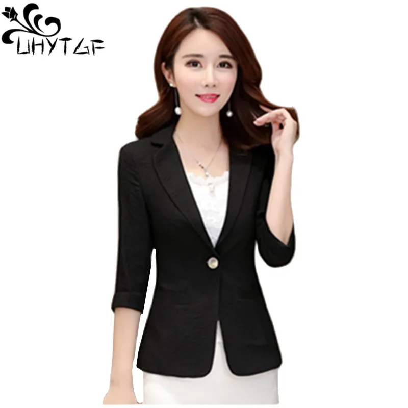 

UHYTGF Fashion Women Summer Coats 3/4 Sleeve Striped Blazer Jacket Single Button Slim Female Thin Outewear Casual Short Top 1789