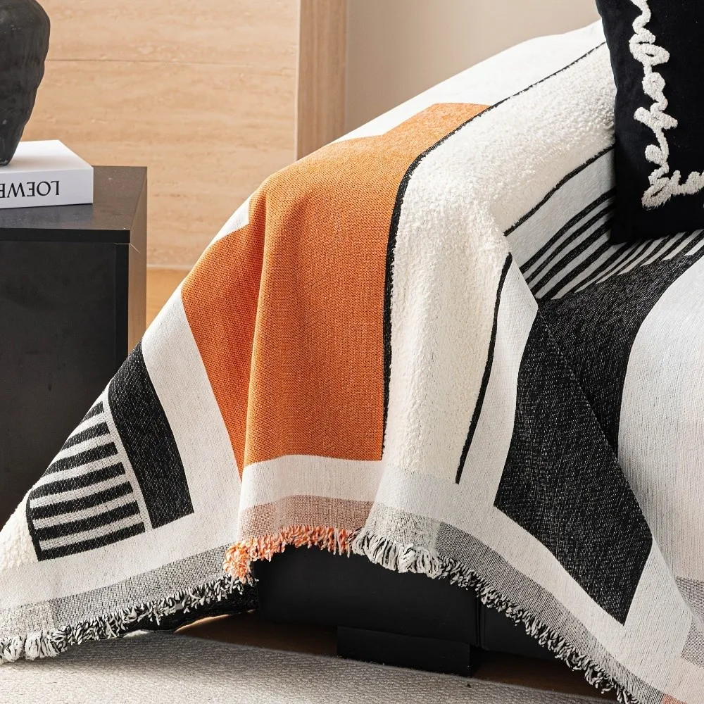 Full Cover Sofa Throw Cover with Tassels Non Slip Geometric Line Sofa Cover Scratch Proof Washable Chenille Couch Slipcover