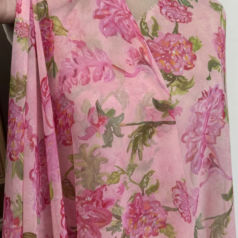 

1 meter 100% Mulberry Silk 9 momme Georgette thin type fabric Silk Pink Floral Printed 140cm 55" wide by the yard JN056