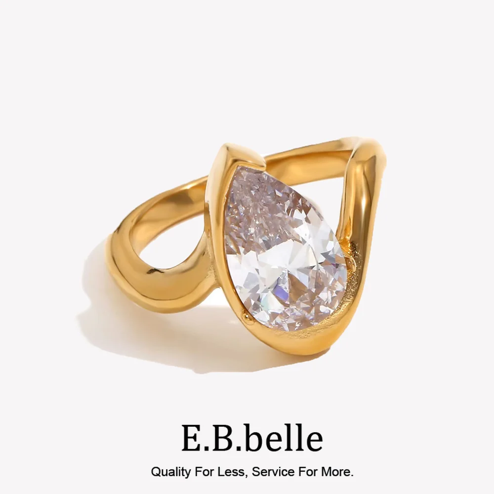 E.B.belle Water Droplet Shape Rhinestone Distortion Ring Gold/SIlver Color Stainless Steel Jewelry For Women Fashion Charm Gift