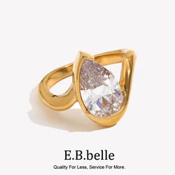 E.B.belle Water Droplet Shape Rhinestone Distortion Ring Gold/SIlver Color Stainless Steel Jewelry For Women Fashion Charm Gift