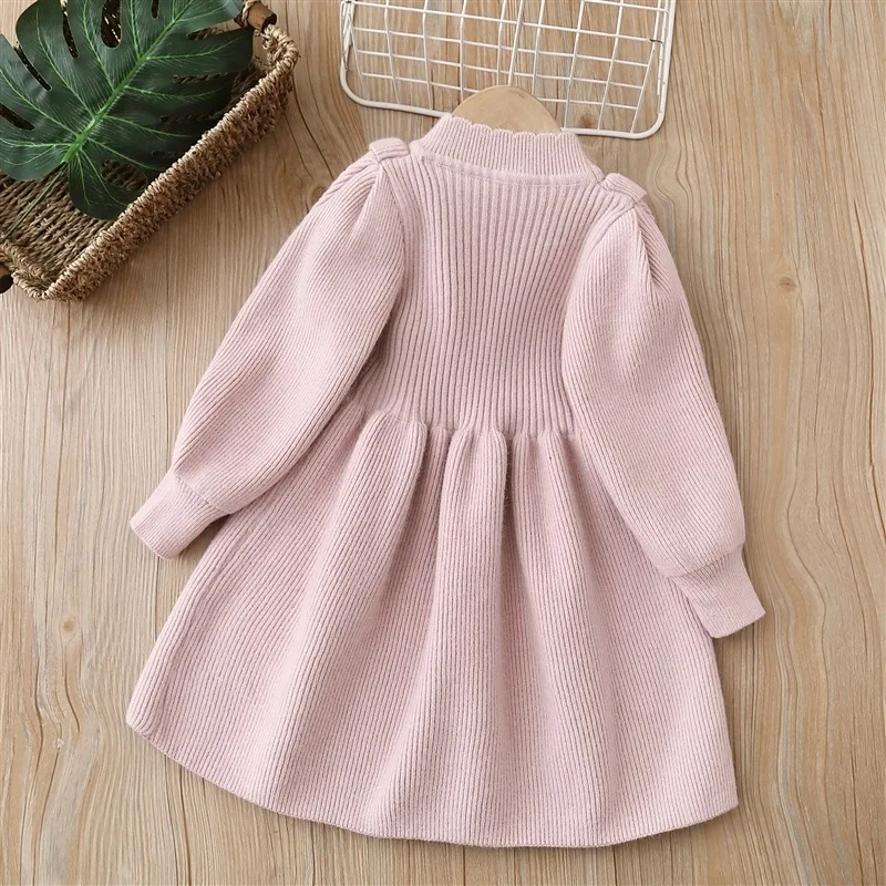 Autumn Winter Children Sweater Dress Sweet Style Pink Dress for Girls Red Warm Fleece Knitted Dress 3-6Y