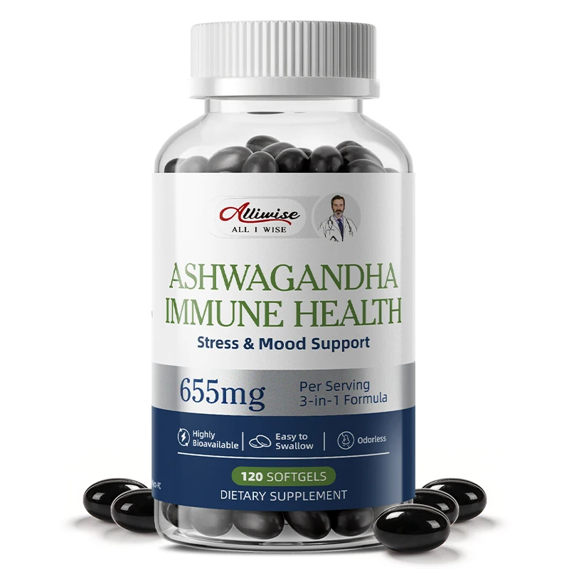 Alliwise Pure Organic Ashwagandha Extract Capsules Relieve Stress Enhances Immunity for Boost Energy Improves Sleep Supplement