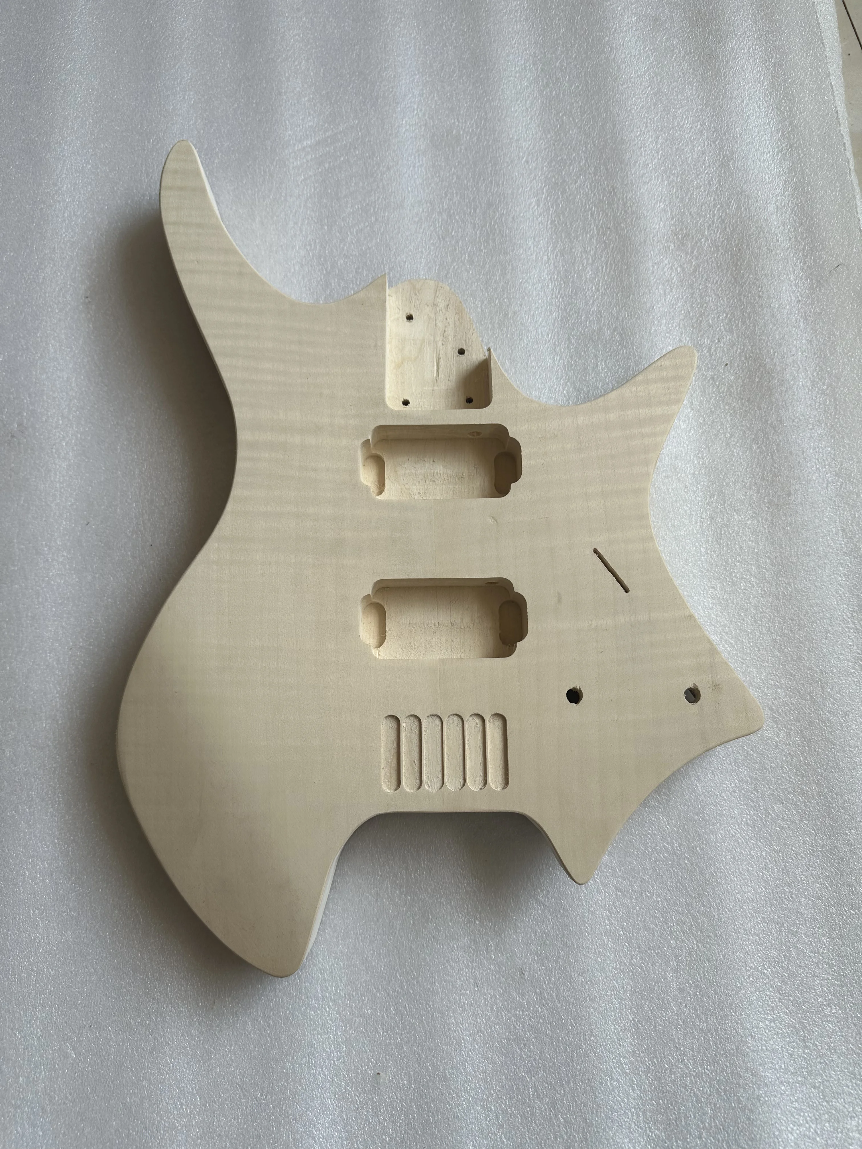 Headless Electric Guitar Body Unfinished Basswood Flame Maple Veneer with Plastic Guitar Back Plate, 6 Strings