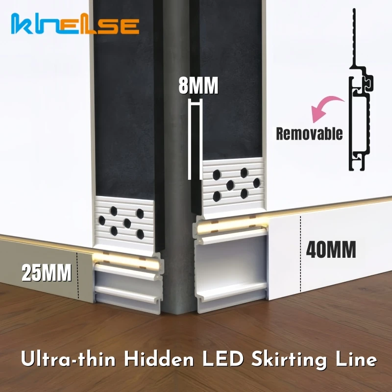 H25/40mm Ultra-Invisible Recessed LED Skirting Line Aluminum Profile Borderless Baseboard Floor Stair Step Decor Bar Strip Light