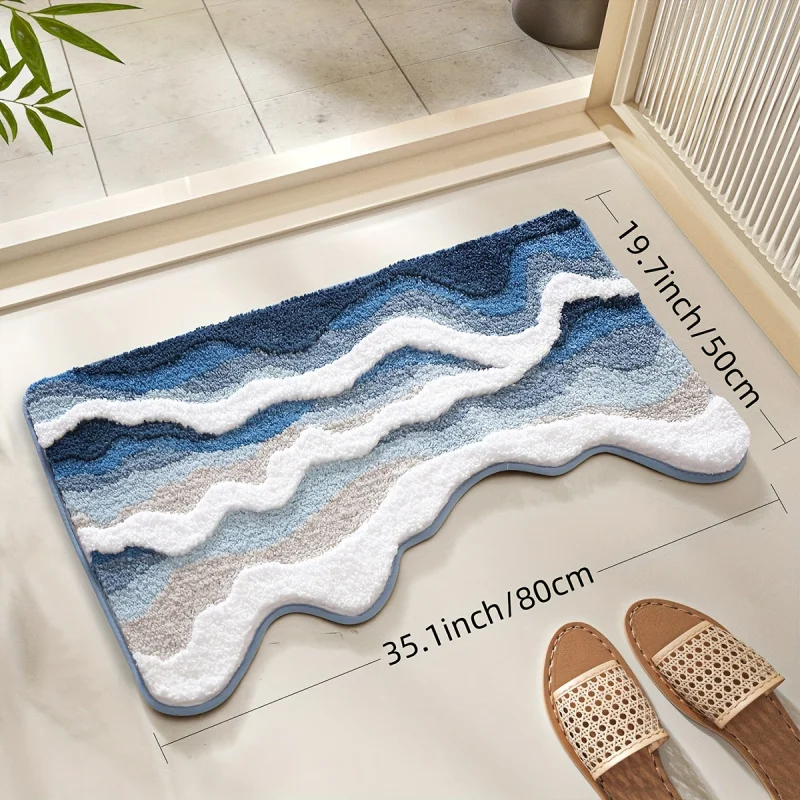 VIKAMA Wave-Patterned Shaped Plush Bathroom Mat Non-Slip Absorbent Rug Home Bathroom Mat Home Decoration