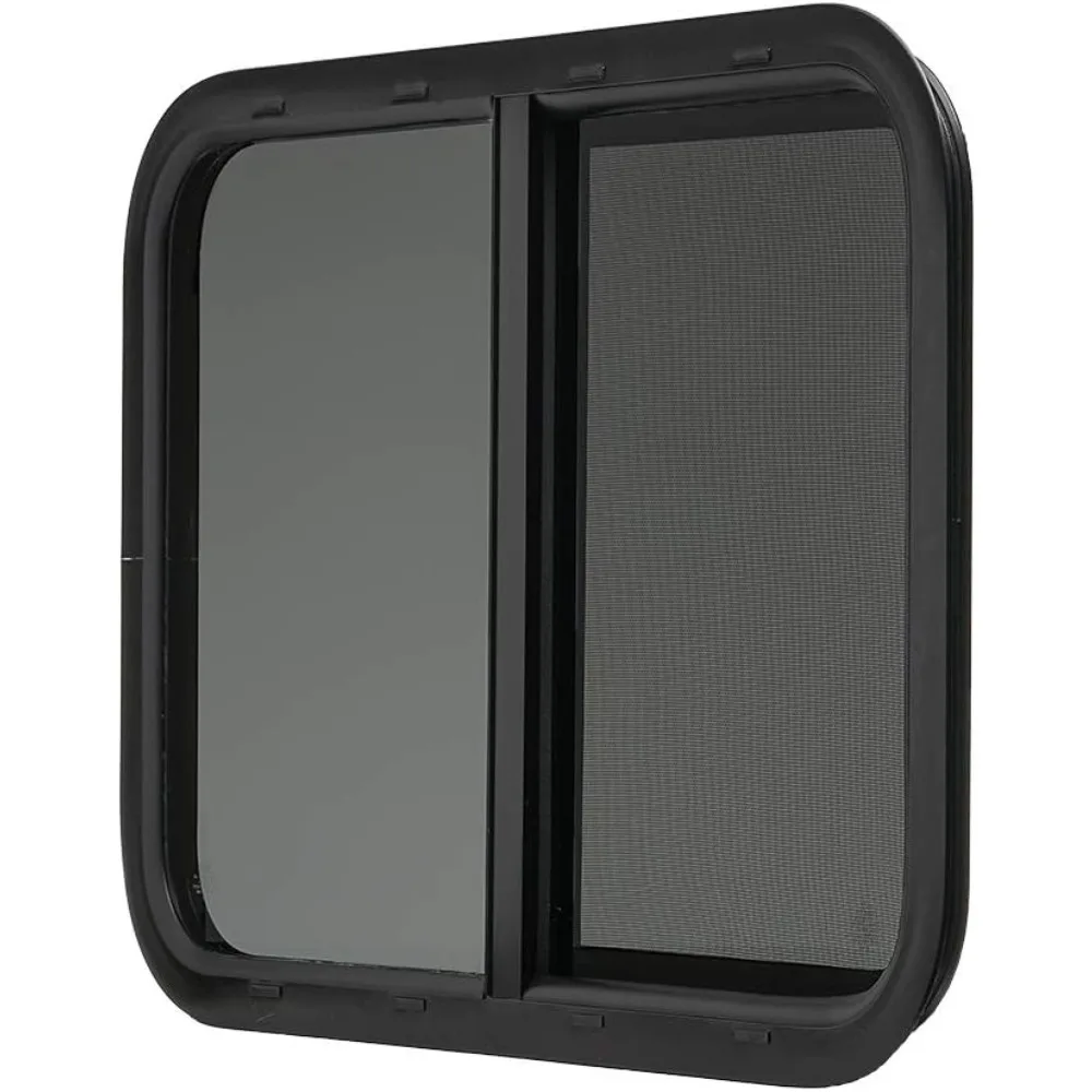 نافذة RV سوداء منزلقة أفقية مقاس 30 × 20 بسمك 1.5، وحلقة تركيب وشاشة سفلية متضمنة