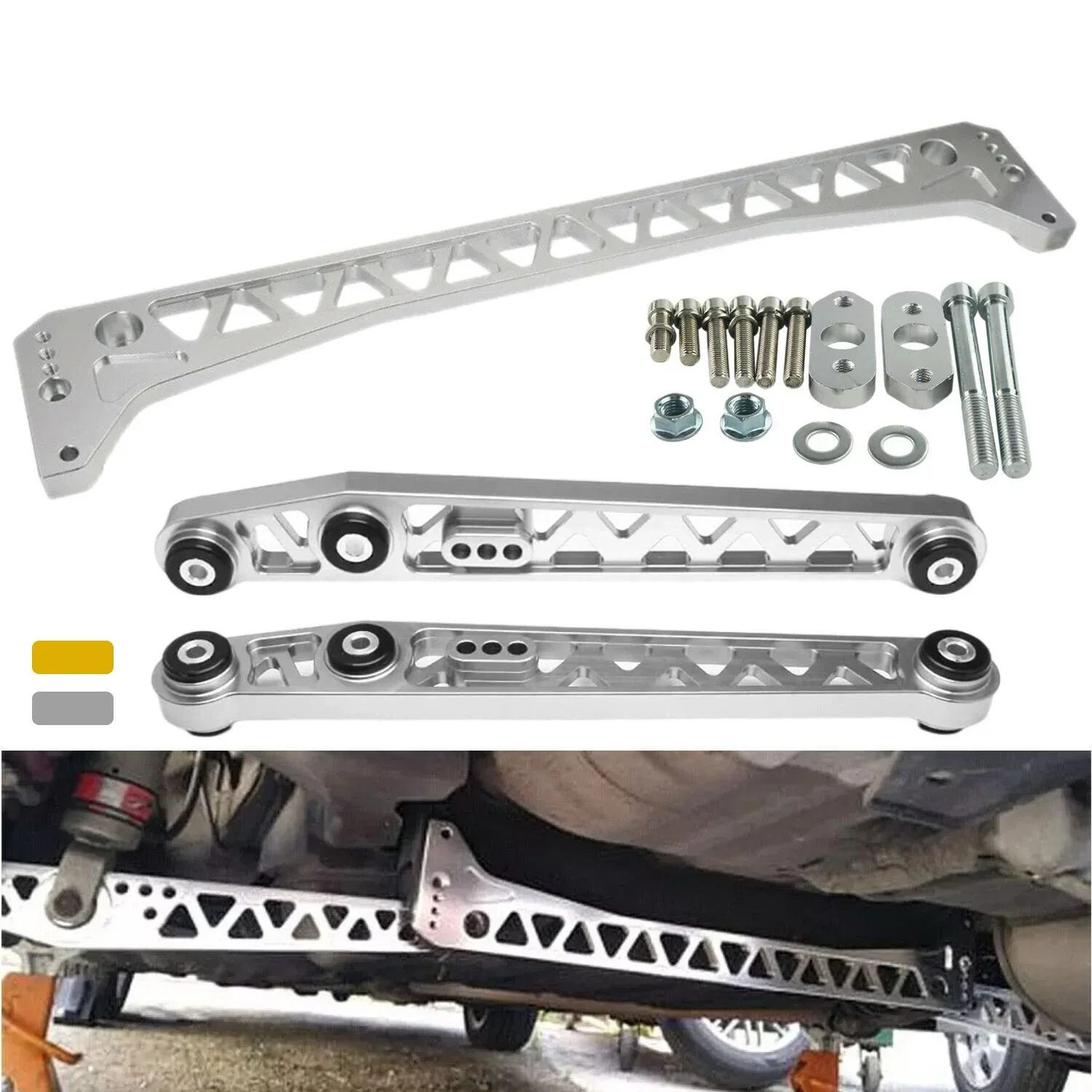 

Gold Silver Billet Rear Lower Control Arms + Subframe Brace Set For Honda Civic EK 96-00 Si