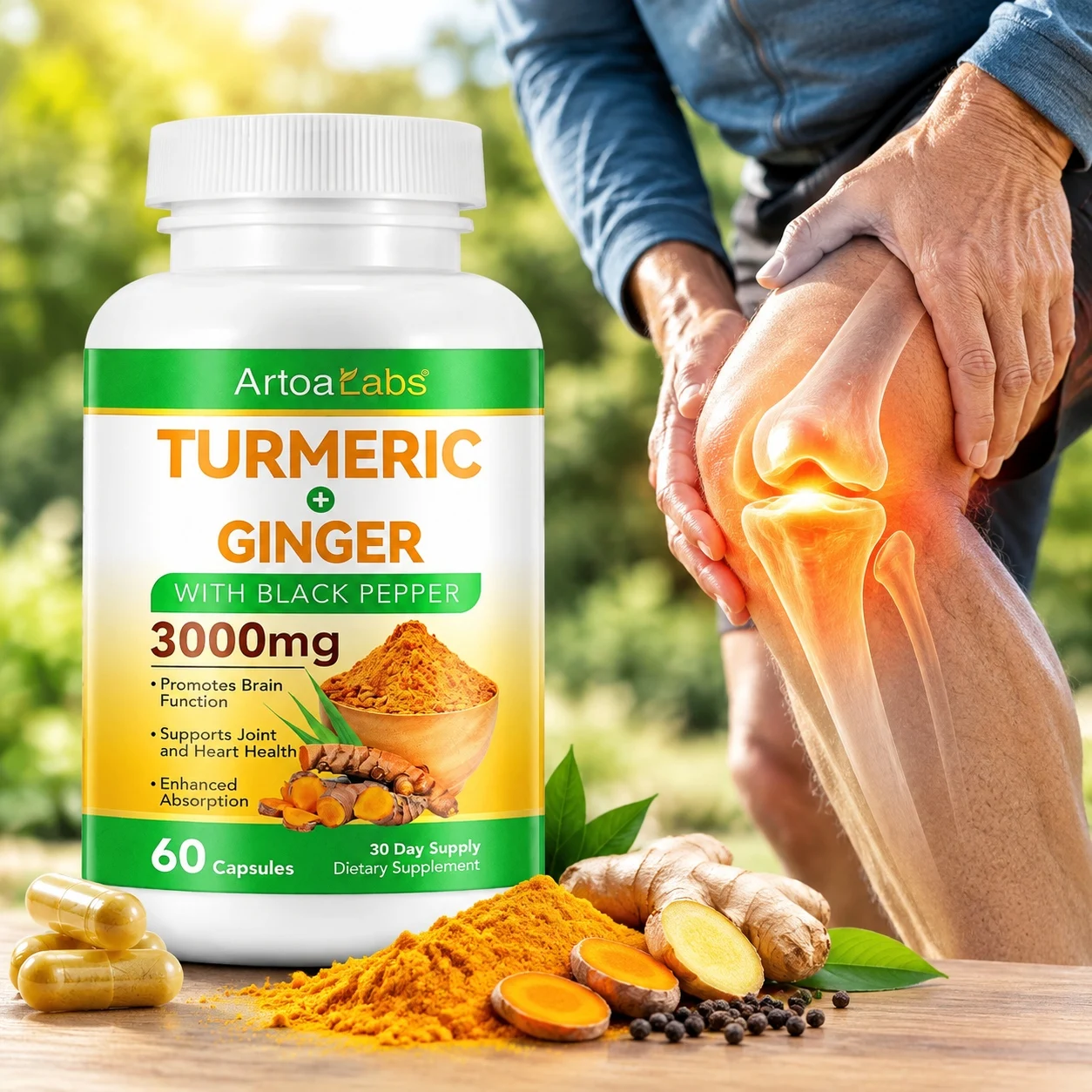 Turmeric & Ginger Capsules Promote Joint Comfort Enhance Joint Mobility for Active Senior Adults with Black Pepper 60 Capsules