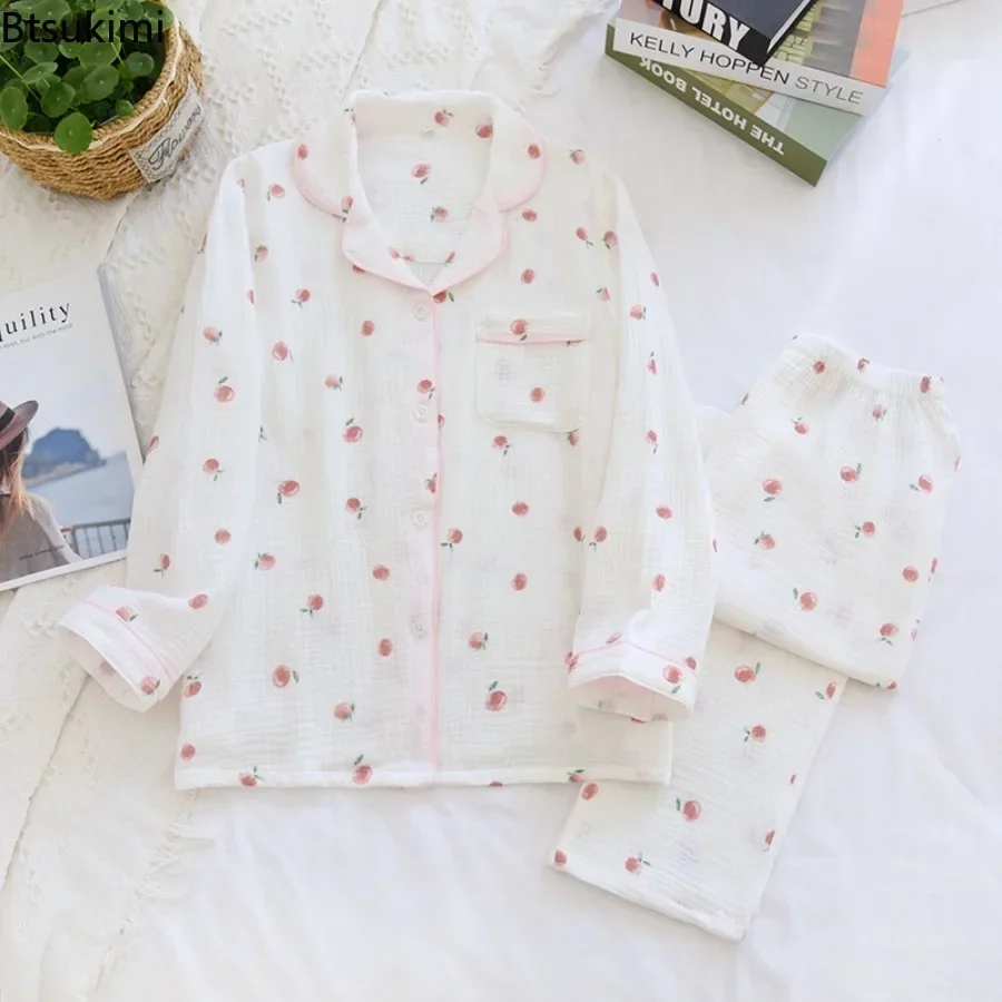 Ladies' Casual Pajama Sets 2PCS 100% Cotton Strawberry Printed Pyjamas Women Turn-down Collar Loose Sleepwear Outwear Sets 2025