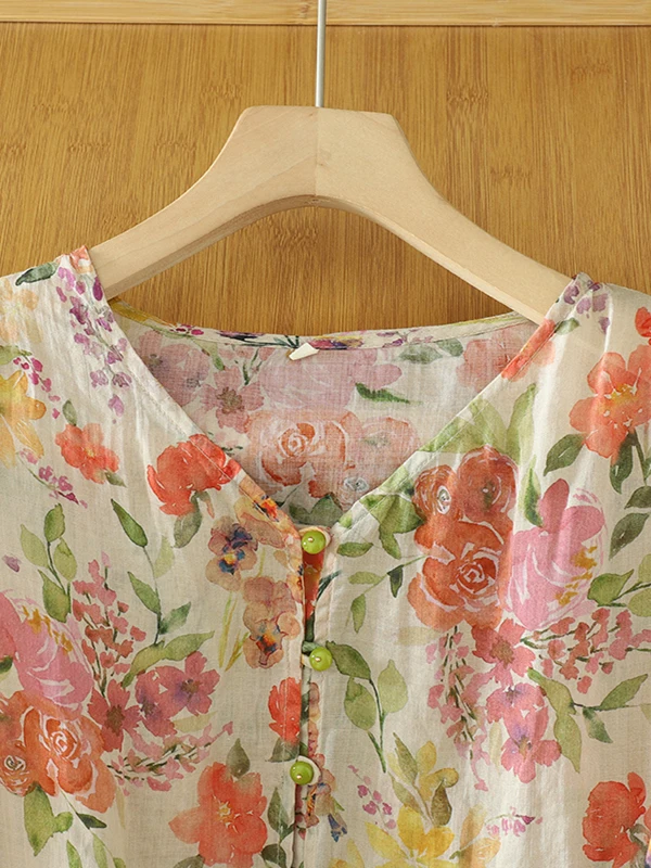 레트로 플로럴 코튼 린넨 5부 소매 여성 여름 패셔너블 루즈 캐주얼 브이넥 코튼 린넨 탑