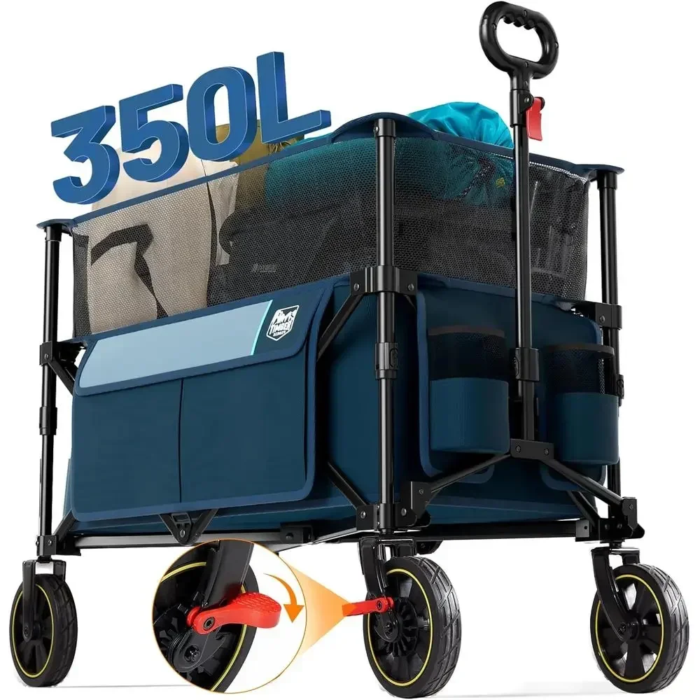 Large 350L Collapsible Utility Cart with Extended Height, Brakes, and Cup Holders for Beach, Camping, and Shopping - Blue Small
