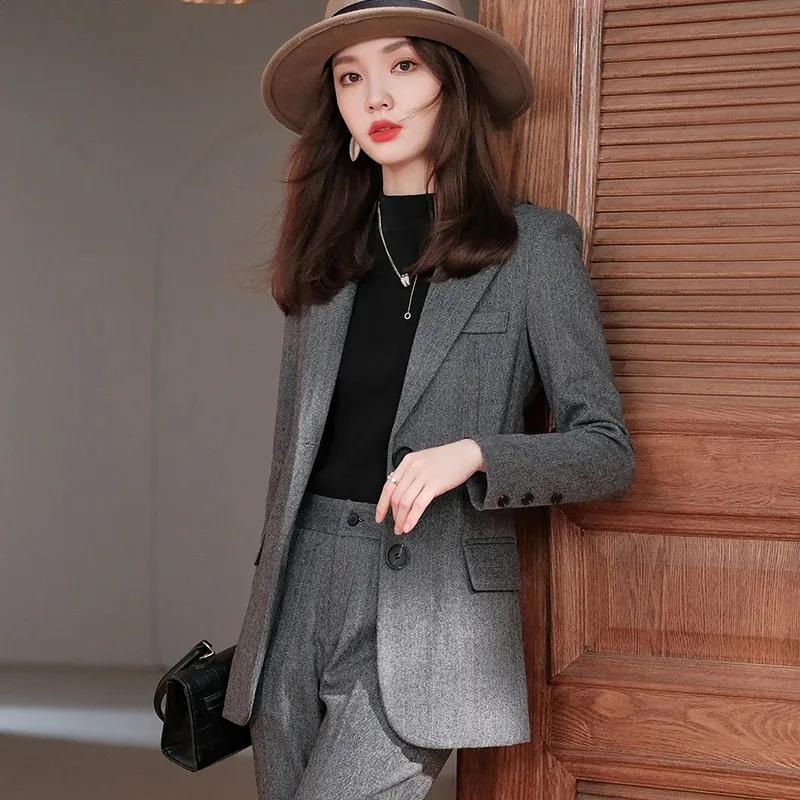 Lnsozkdg British Style Woolen Suit Straight Pants Sets Retro Casual Solid Color Single-breasted Wide-leg Two-piece Set Woman\'s