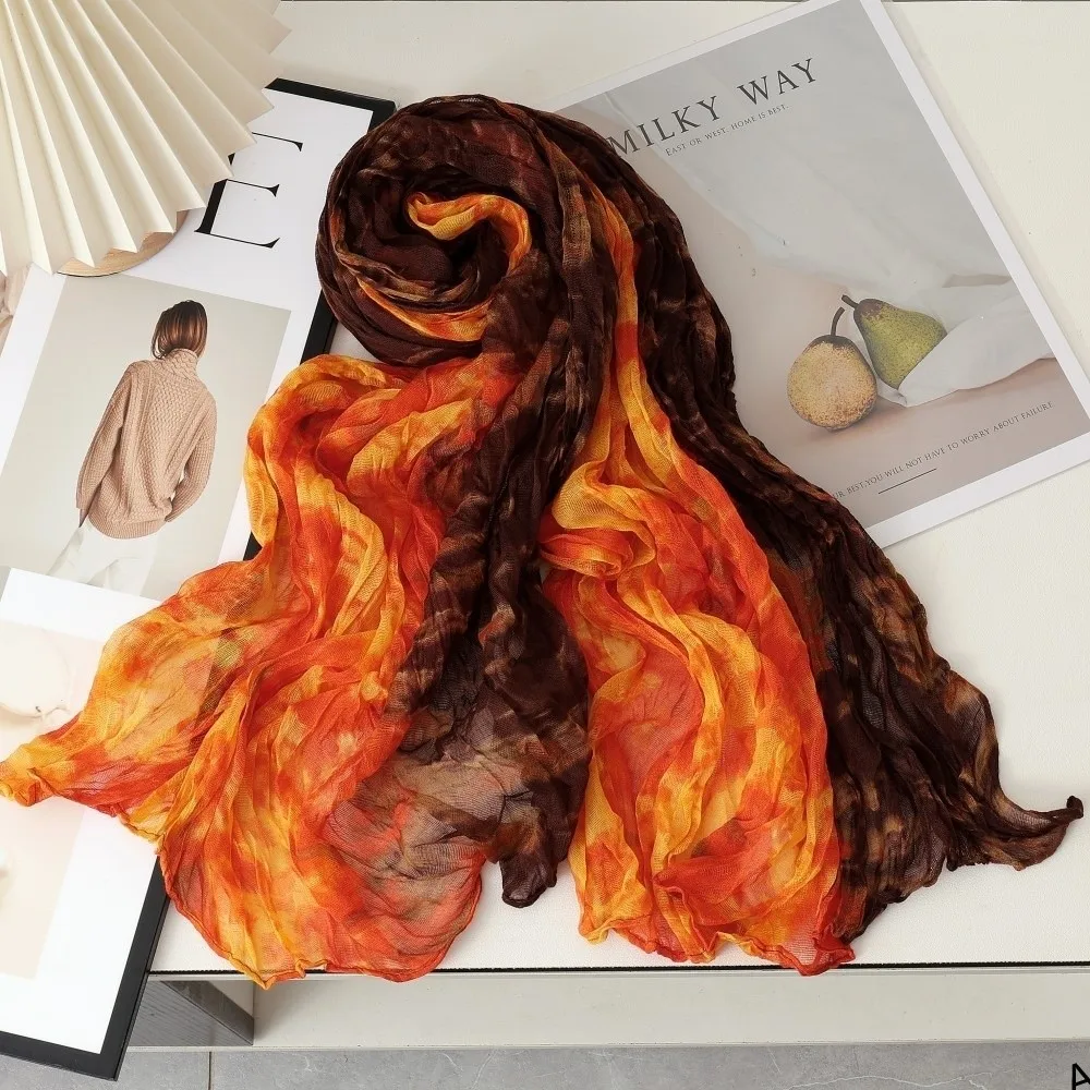 

Tie Dye Gradient Cotton Linen Scarf Vintage Retro Pleated Printed Scarf Luxury Brand Designer Long Shawl Wrap For Autumn Winter