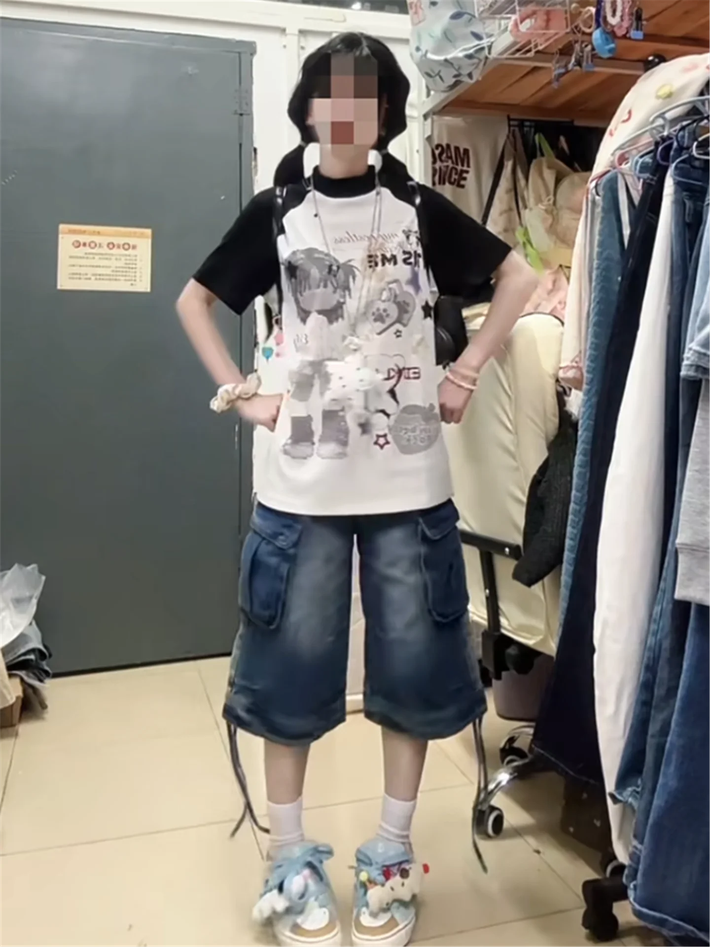 

American Style Vintage Deep Blue Low Waist Workwear Seven-Foot Women's Summer Loose Slim Multi-Pocket Drawstring Jeans