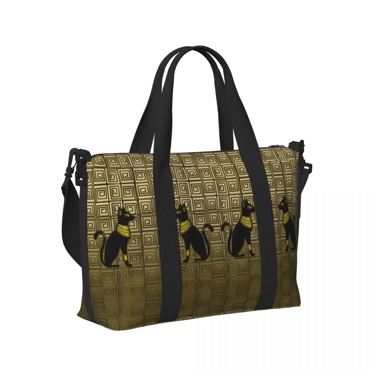 Bolso de mano personalizado de diosa del gato egipcio en azulejos dorados para mujer, bolsa de mano de playa Extra grande para gimnasio, bolsas de compras de viaje jeroglíficas de Egipto