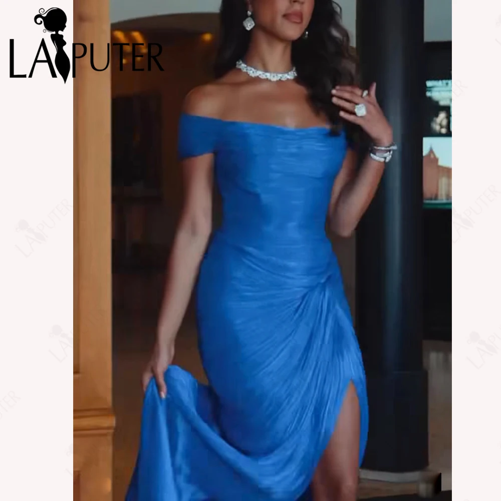 

Cobalt Blue Prom Dresses Ruched Off Shoulder Mermaid Evening Gown Open Slit Woman Celebrity Dress