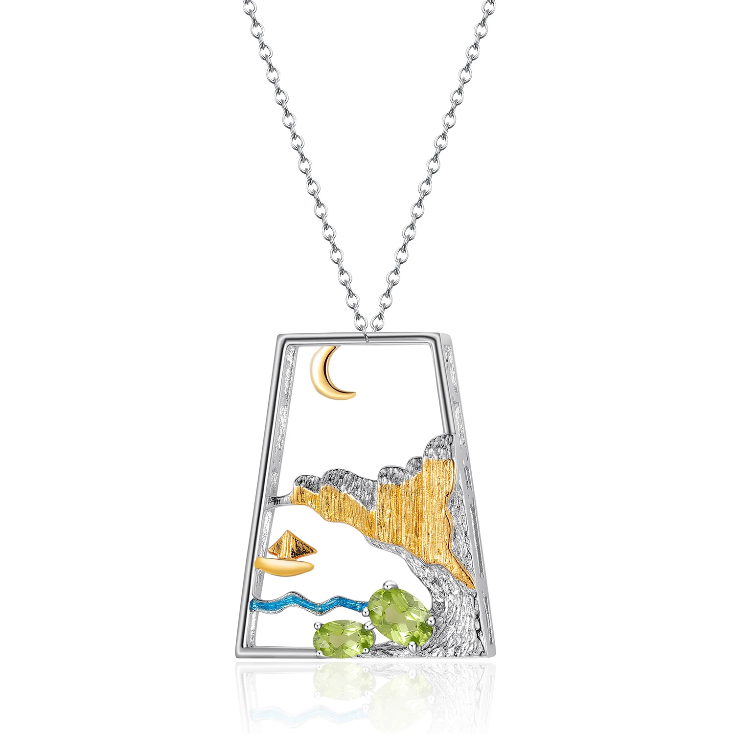 

C8208 Abiding Jewelry Good Selling Natural Peridot Gemstone Landscape Designs 925 Sterling Silver Vintage Pendant for Women