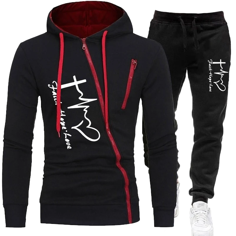 New Fashion Printed Men's Sportswear Set Oblique Zipper Hoodie Set Hoodie+Sweatpants Two Piece Jogging Set Sportswear