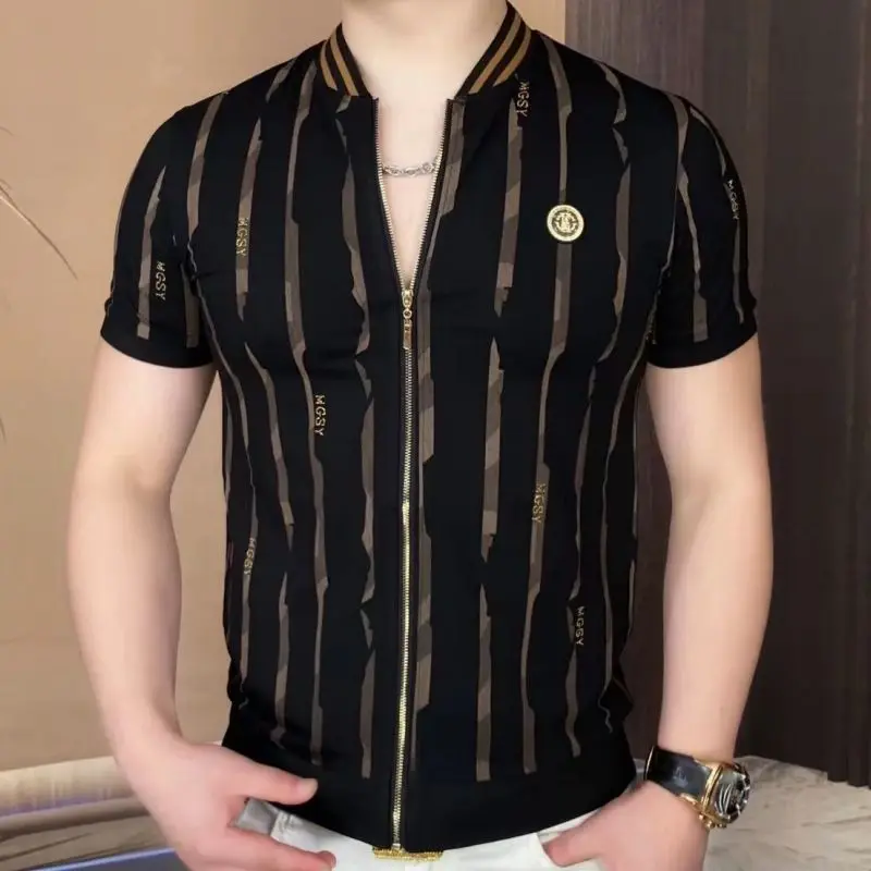 Men's New Summer T-shirt Zipper Short-sleeved Cardigan Sweater Round Neck Fashionable and Handsome Top Thin