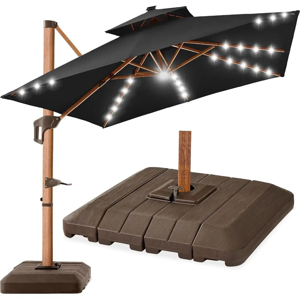 

Black 10ft Square Cantilever Patio Umbrella with LED Lights, Woodgrain Pole, 360-Degree Rotation, and Offset Hanging Outdoor Sha