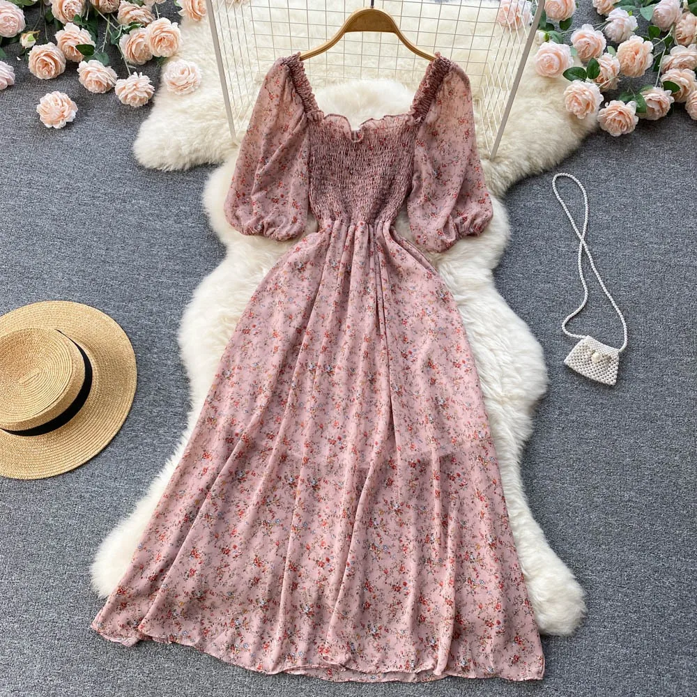 YuooMuoo Korean Fashion Floral Print Chiffon Party Dress Summer Two Layers Puff Sleeve Vacation Women Dress Beach Vestidos