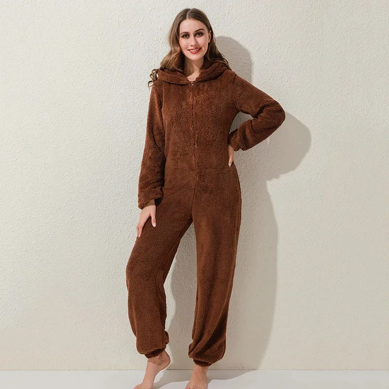 Pijamas cálidos de invierno para mujer, monos de lana esponjosos, ropa de dormir, conjuntos con capucha de talla grande, pijamas para mujer AdultS-5XL