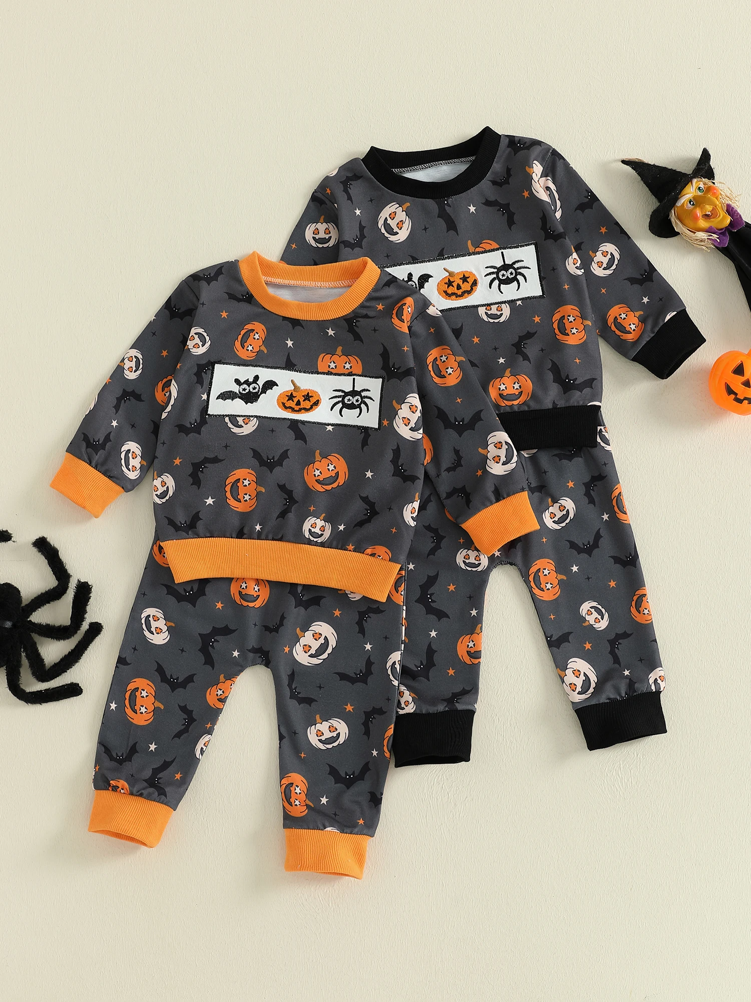 Infant Boys Autumn Ensemble Adorable 2-Piece Halloween Outfit with Pumpkin and Bat Design Pullover and Matching Pants