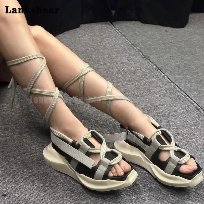 

Gray Black Cross Strap Roman Fashion Sandals Square Toe Sandals Muffin Thick Bottom Women's New Retro Heightened Sandals