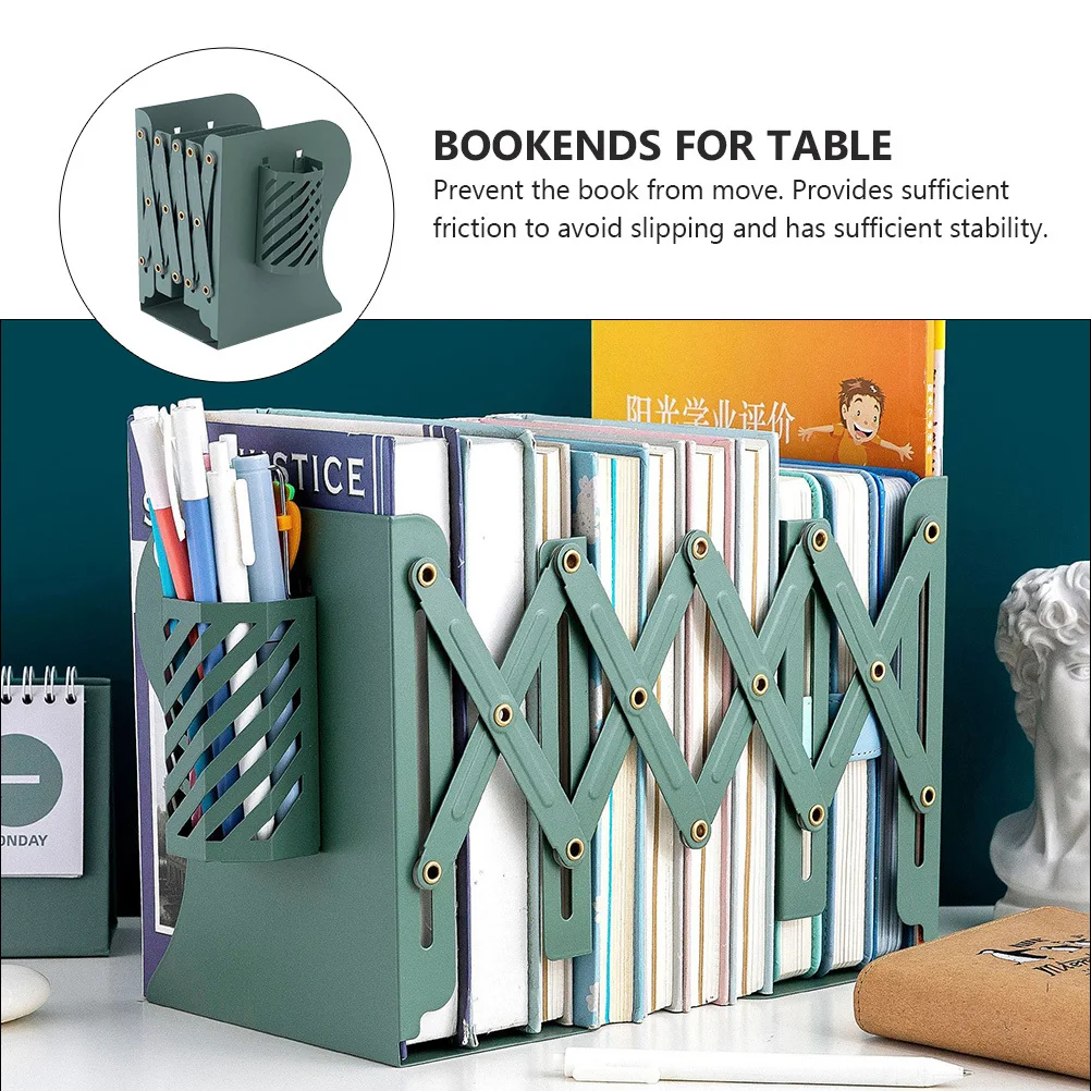 Metal Telescopic Bookends with Pen Holder Anti-Rust Desk Shelf Organizer Creative Design for Home Office Library
