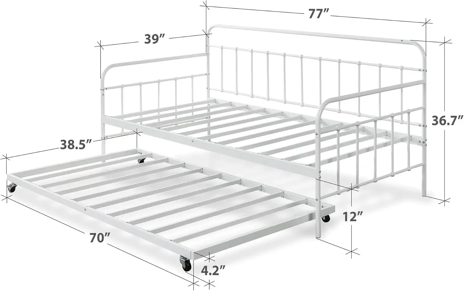 Florence Twin Daybed and Trundle Frame Set, Premium Steel Slat Support, Daybed and Roll Out Trundle Accommodate, Twin Size