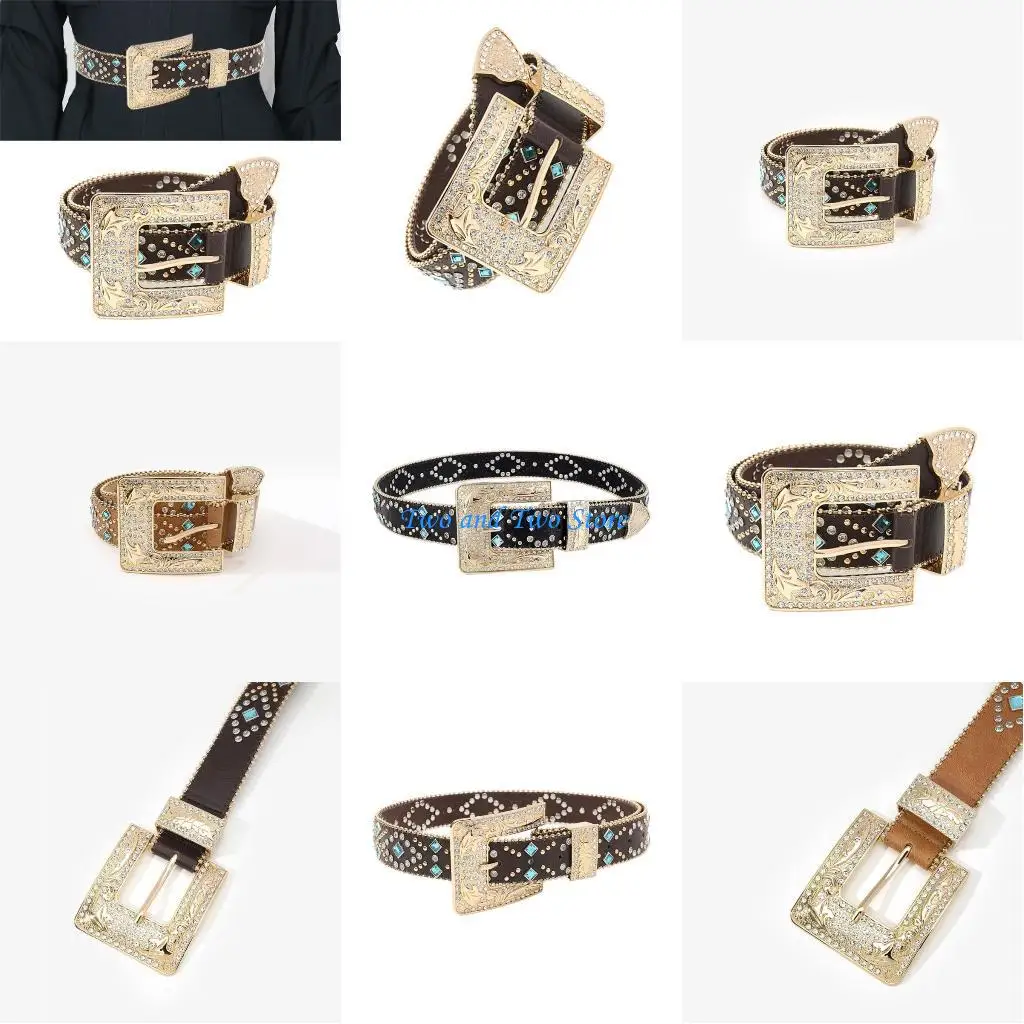 

HX6F Girl Waist Belt Rhinestones Waistband Beaded Trim Fashion Rivet PU Waiststrap