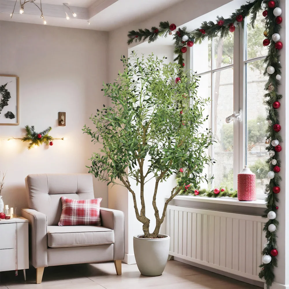 

Искусственное оливковое дерево высотой 8 футов - большое искусственное дерево в горшке с натуральным стволом, реалистичными листьями и плодами, декоративное растение