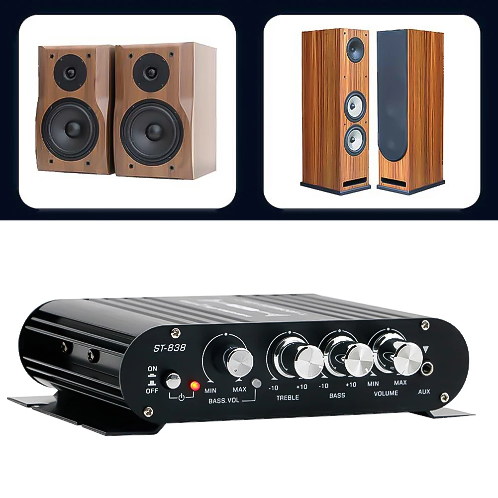 

ST-838 HiFi 2.1-канальный стереоусилитель звука с регулировкой басов и высоких частот, 80Вт*2, аудиоусилитель для автомобиля и дома, черный