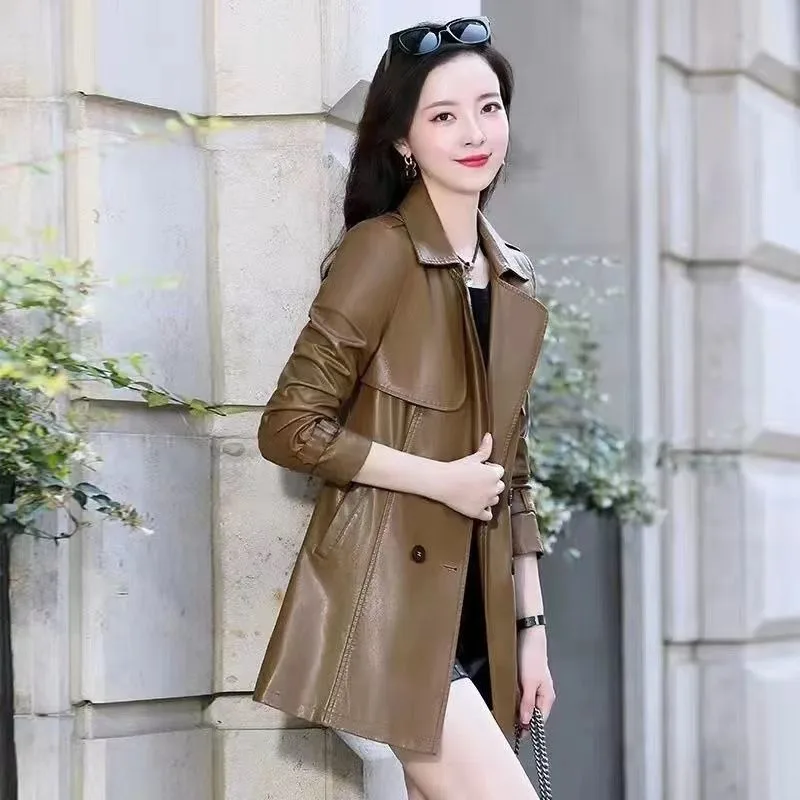 2023 Autumn New Women Mid-Length Leather Coat Femlae Temperament Slim Large Size Leather Jacket Fashion Solid Color Trench Coat